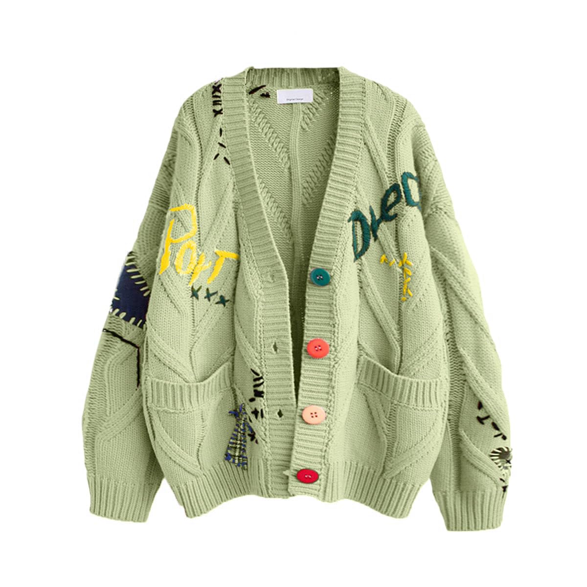 Women's Cable Knit Long Sleeve Open Front Cardigan Sheep V-Neck Button Down Embroidery Wool Blend Sweater Coat Outwear