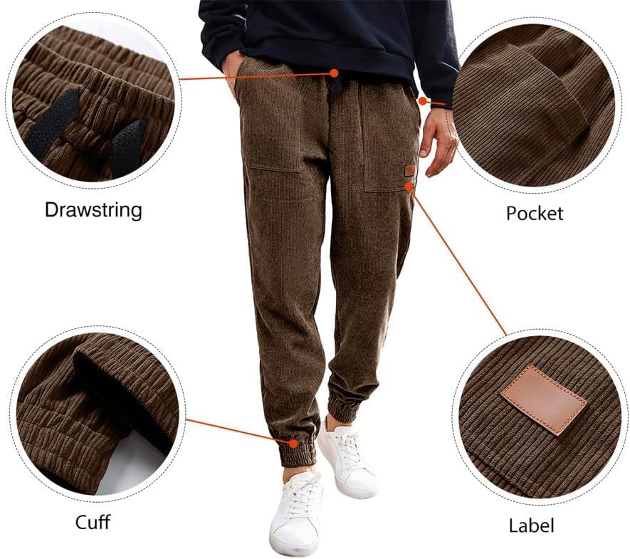 Luvella Mens Corduroy Drawstring Sweatpants Casual Joggers Relaxed Fit Pants
