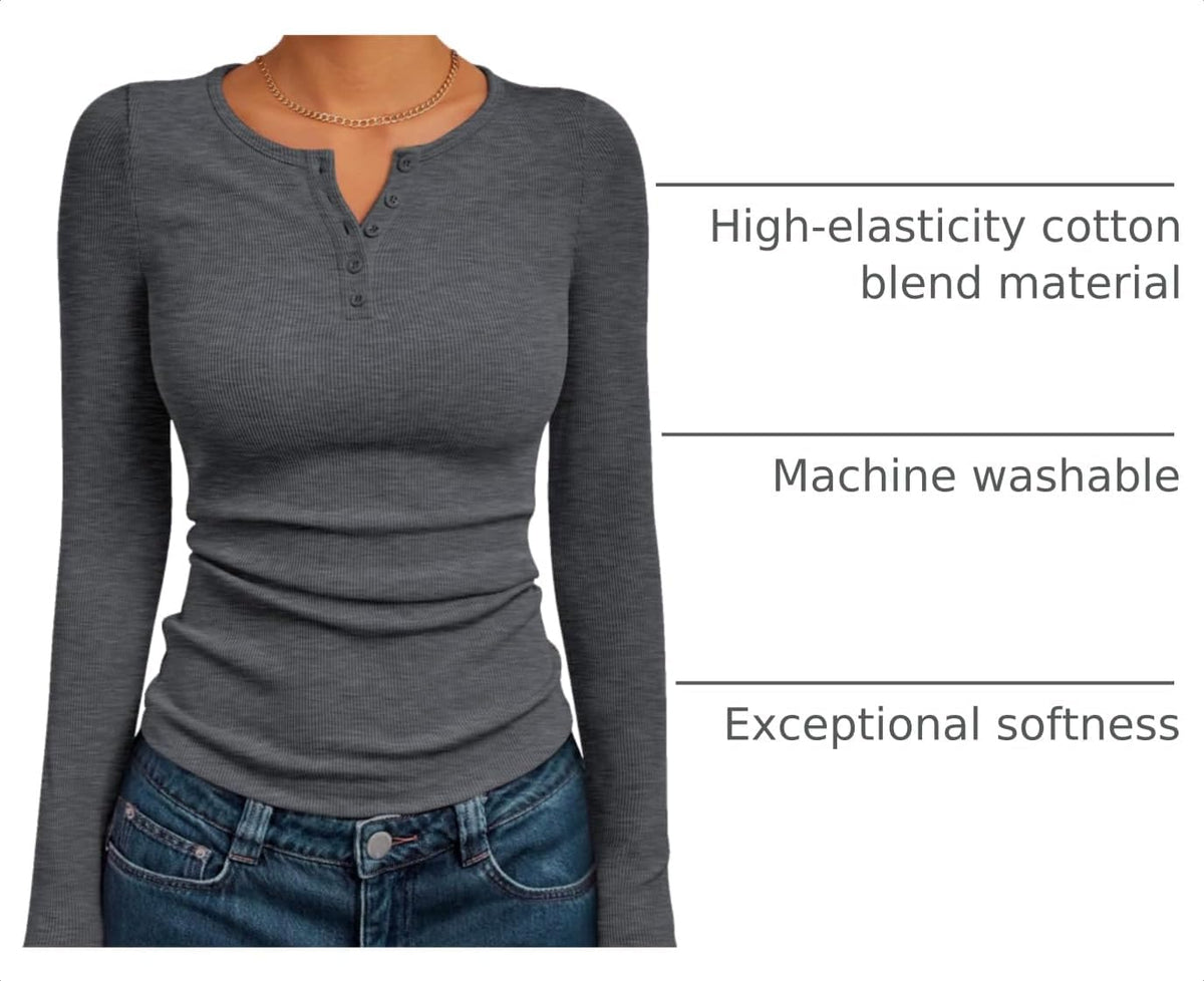 Luvella Long Sleeve Henley Shirts for Women Fall Winter Ribbed Tops