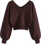 Luvella Women's Cropped Sweater V-Neck Long Sleeve Pullover Jumper Knit Top