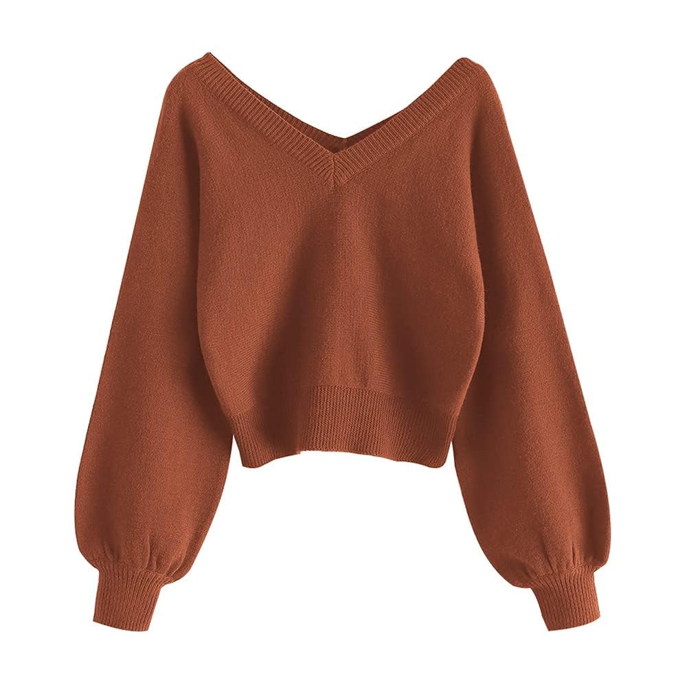 Luvella Women's Cropped Sweater V-Neck Long Sleeve Pullover Jumper Knit Top