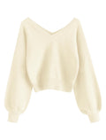 Luvella Women's Cropped Sweater V-Neck Long Sleeve Pullover Jumper Knit Top