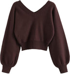 Luvella Women's Cropped Sweater V-Neck Long Sleeve Pullover Jumper Knit Top
