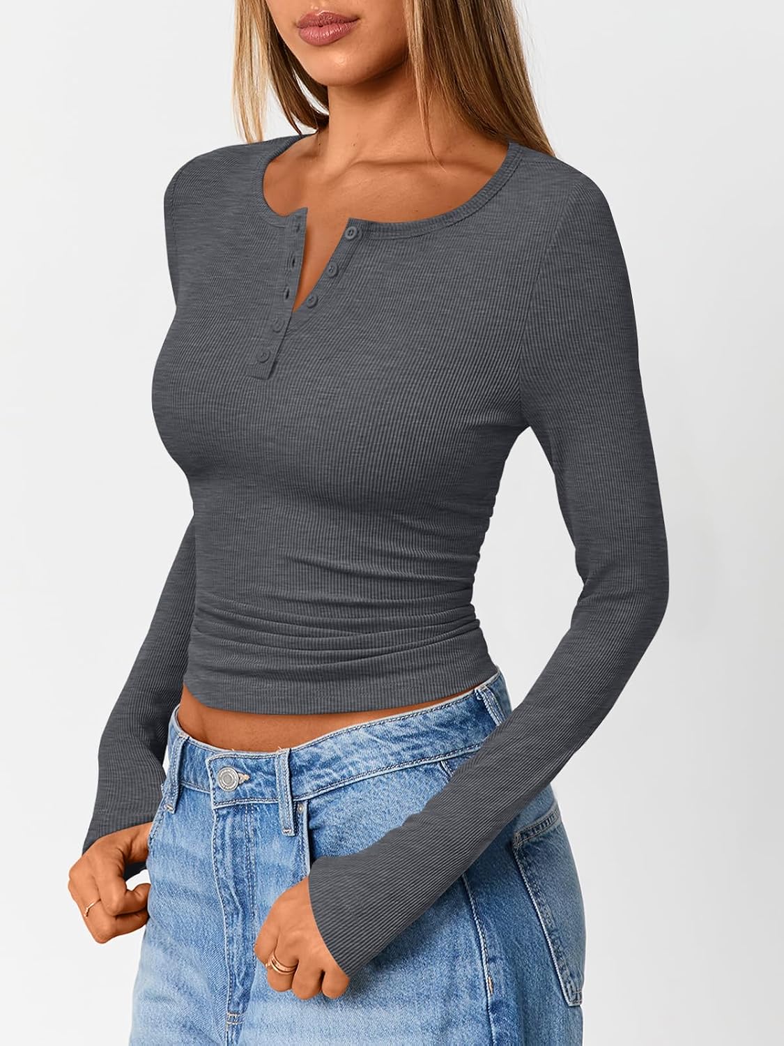 Luvella Long Sleeve Henley Shirts for Women Fall Winter Ribbed Tops