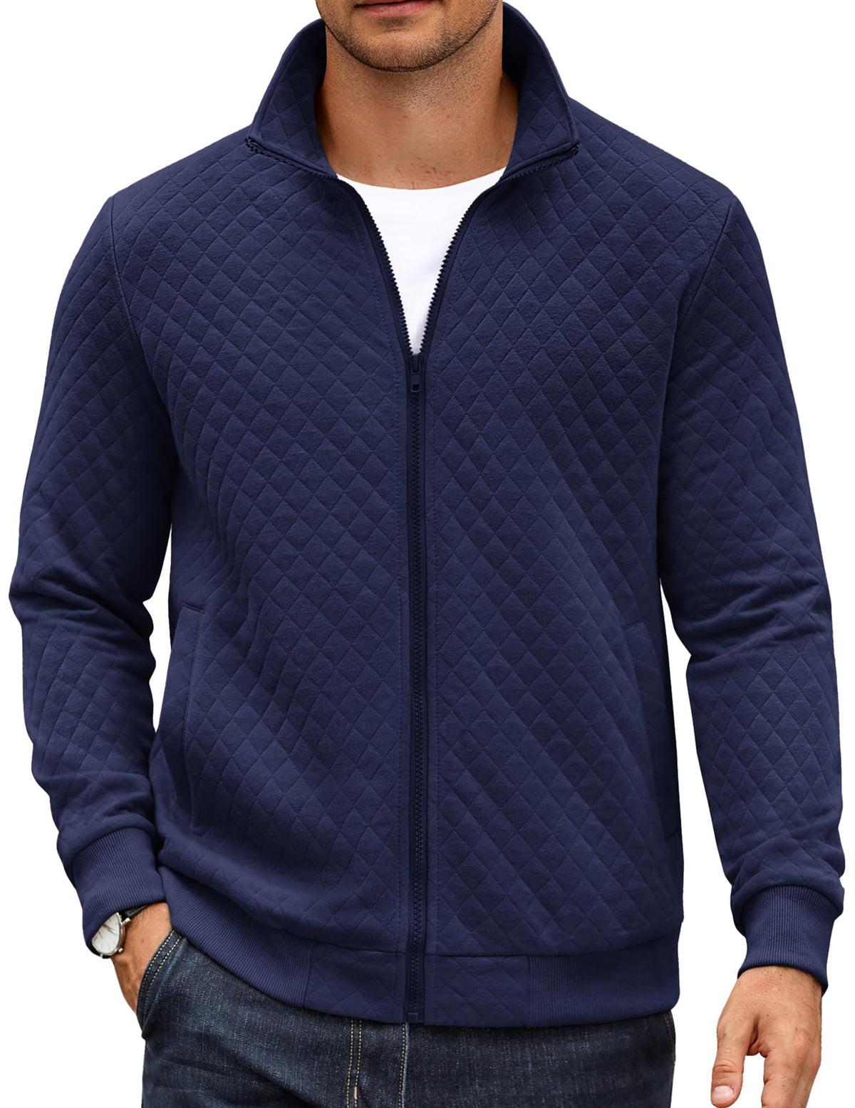 Luvella Mens Zip Up Sweatshirt Mock Neck Quilted Jacket Casual Lightweight Sweater Jackets with Pocket