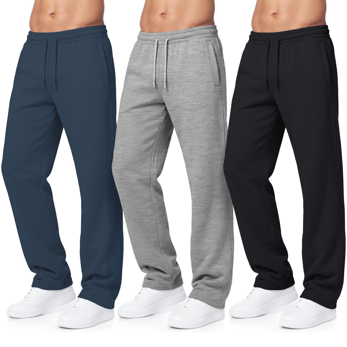 Luvella Sweatpants for Men 3 Pack Fleece Athletic Joggers, Baggy Wide Legs Mens Sweatpants with Zipper Pockets