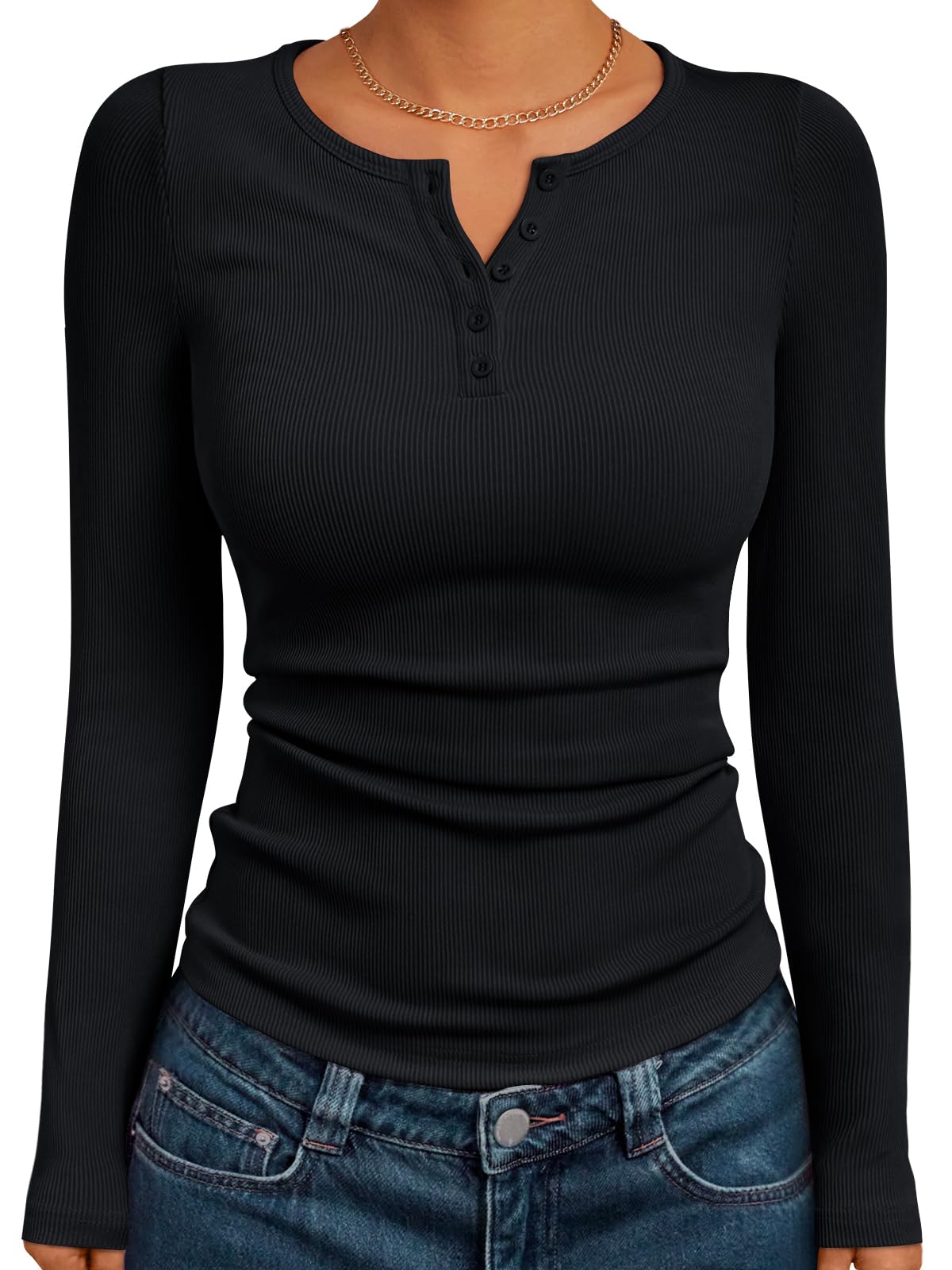 Luvella Long Sleeve Henley Shirts for Women Fall Winter Ribbed Tops