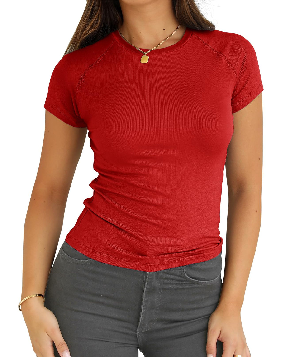 Luvella Women Casual Crewneck Raglan Sleeve Slim Fit T Shirts