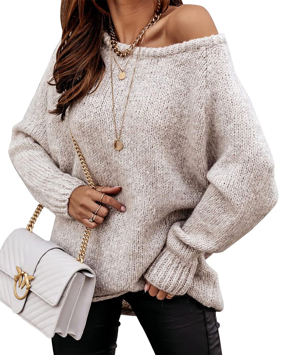 Luvella Women Casual Long Sleeve Fall Sweaters Off The Shoulder Sweater