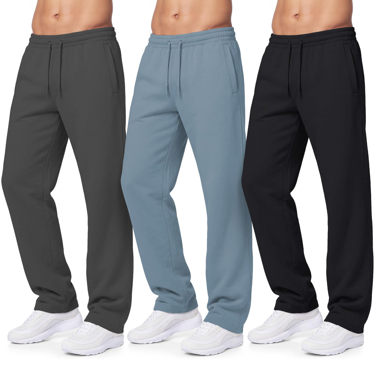 Luvella Sweatpants for Men 3 Pack Fleece Athletic Joggers, Baggy Wide Legs Mens Sweatpants with Zipper Pockets