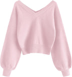 Luvella Women's Cropped Sweater V-Neck Long Sleeve Pullover Jumper Knit Top