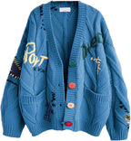 Women's Cable Knit Long Sleeve Open Front Cardigan Sheep V-Neck Button Down Embroidery Wool Blend Sweater Coat Outwear