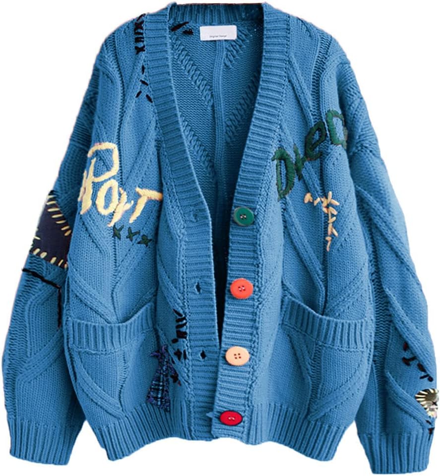 Women's Cable Knit Long Sleeve Open Front Cardigan Sheep V-Neck Button Down Embroidery Wool Blend Sweater Coat Outwear
