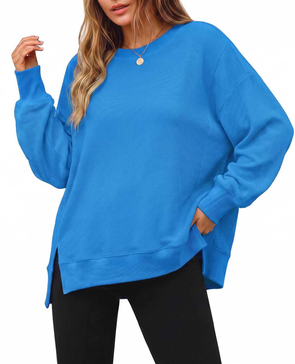 Luvella Women's Fall Oversized Sweatshirt Casual Waffle Knit Long Sleeve Crewneck Split Pullover Tunic Tops