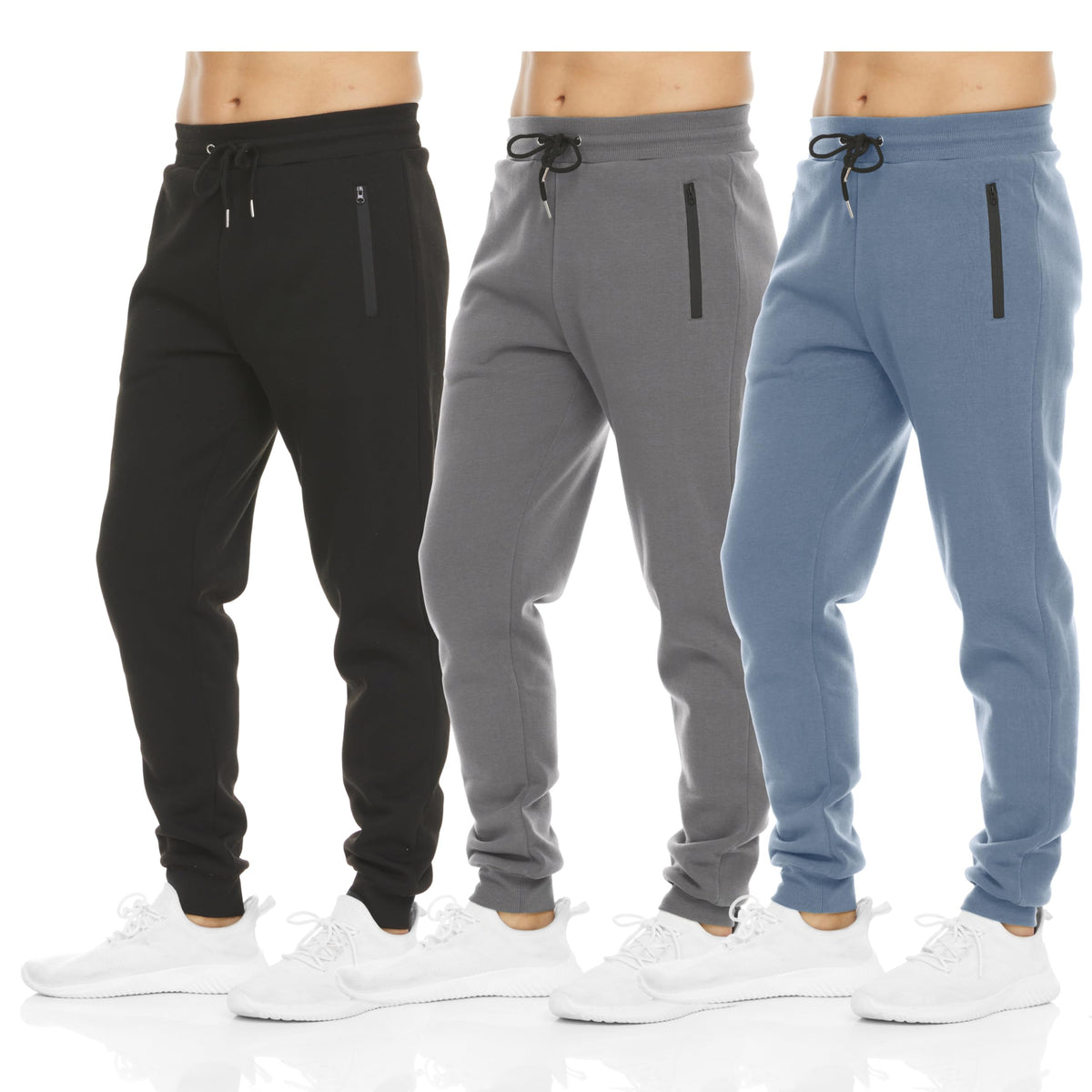 Luvella Sweatpants for Men 3 Pack Fleece Athletic Joggers, Baggy Wide Legs Mens Sweatpants with Zipper Pockets