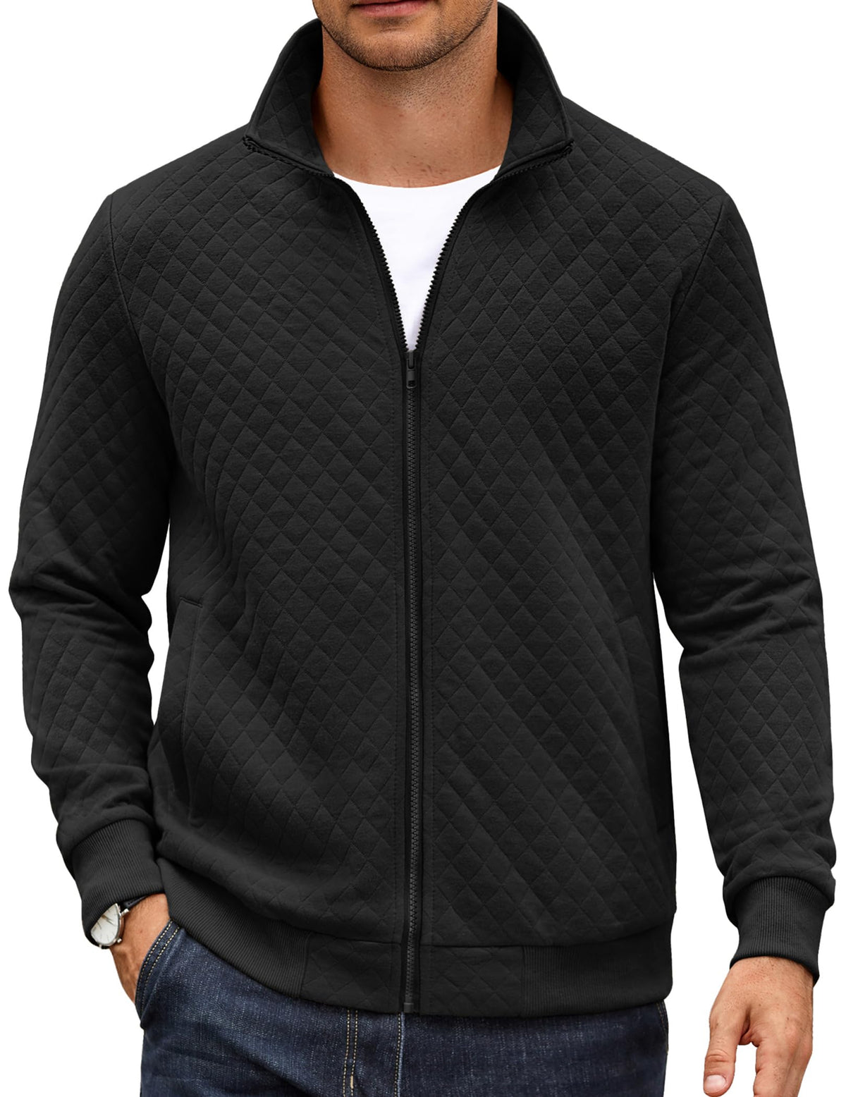 Luvella Mens Zip Up Sweatshirt Mock Neck Quilted Jacket Casual Lightweight Sweater Jackets with Pocket