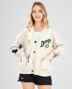 Women's Cable Knit Long Sleeve Open Front Cardigan Sheep V-Neck Button Down Embroidery Wool Blend Sweater Coat Outwear