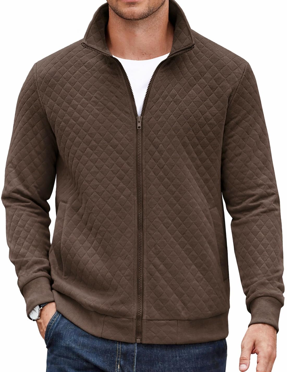 Luvella Mens Zip Up Sweatshirt Mock Neck Quilted Jacket Casual Lightweight Sweater Jackets with Pocket