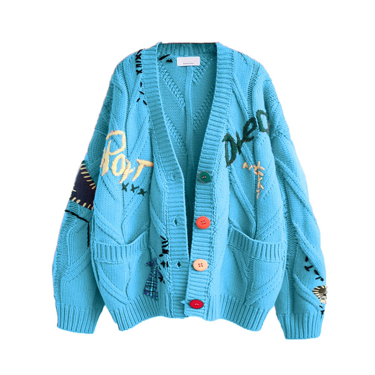 Women's Cable Knit Long Sleeve Open Front Cardigan Sheep V-Neck Button Down Embroidery Wool Blend Sweater Coat Outwear