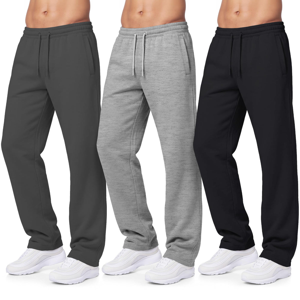 Luvella Sweatpants for Men 3 Pack Fleece Athletic Joggers, Baggy Wide Legs Mens Sweatpants with Zipper Pockets