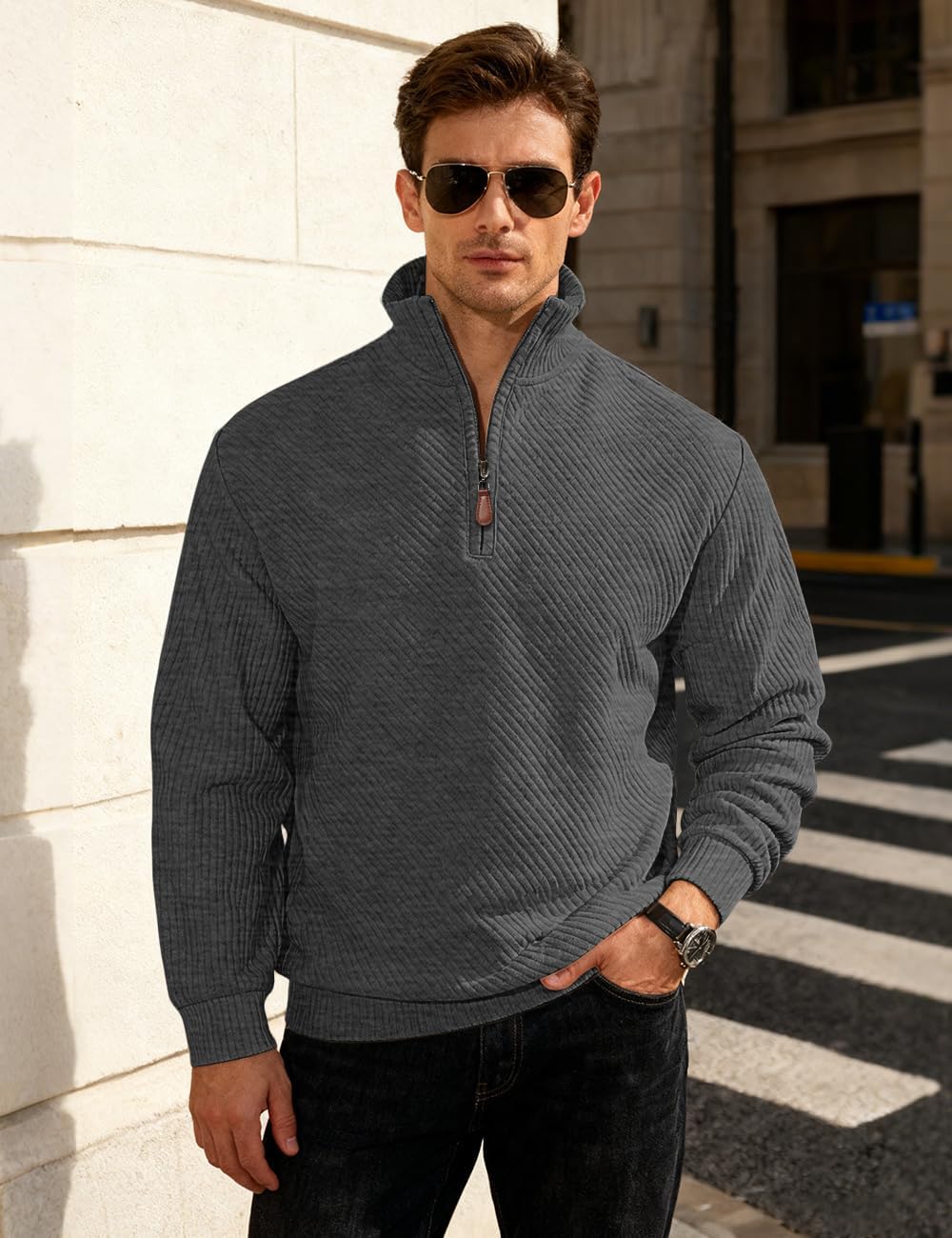Luvella Mens Sweaters Pullover Sweater Casual Athletic Long Sleeve Quarter Zipper Stand Collar Sweatshirt