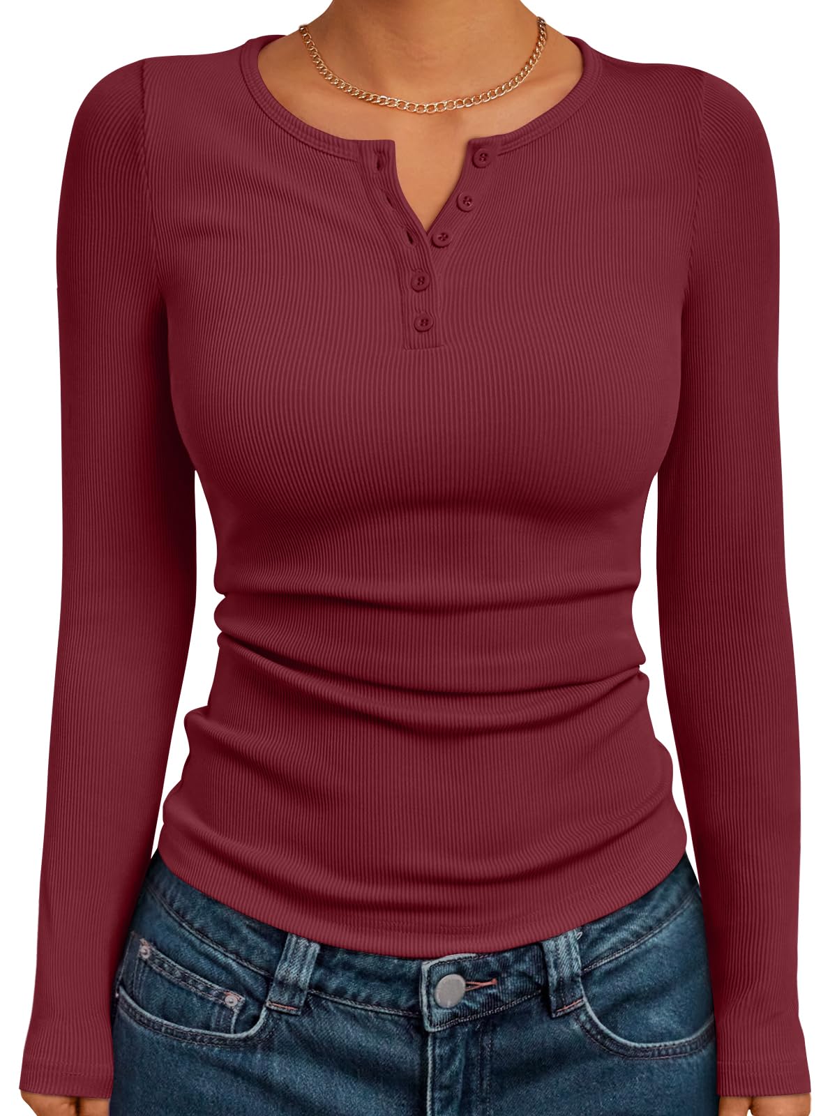 Luvella Long Sleeve Henley Shirts for Women Fall Winter Ribbed Tops