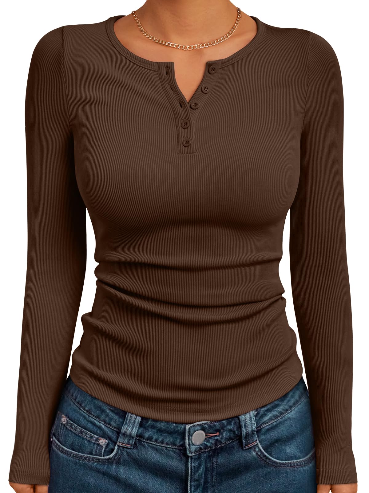 Luvella Long Sleeve Henley Shirts for Women Fall Winter Ribbed Tops
