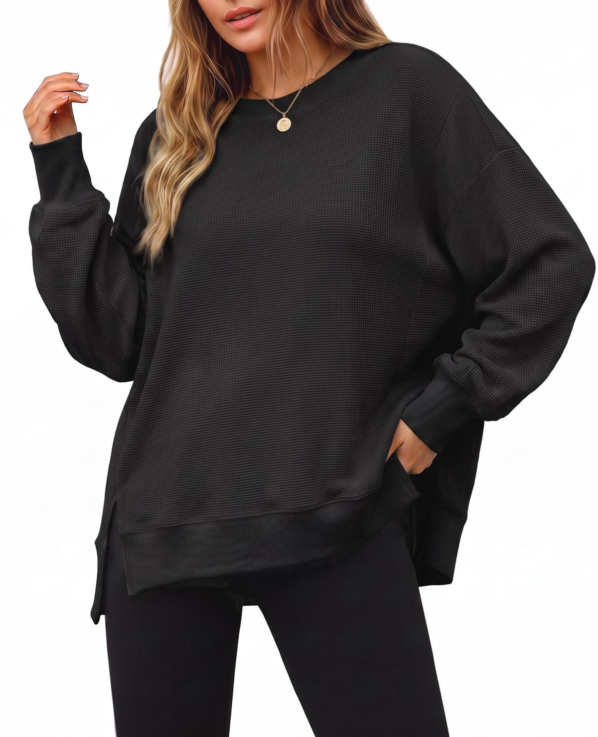 Luvella Women's Fall Oversized Sweatshirt Casual Waffle Knit Long Sleeve Crewneck Split Pullover Tunic Tops