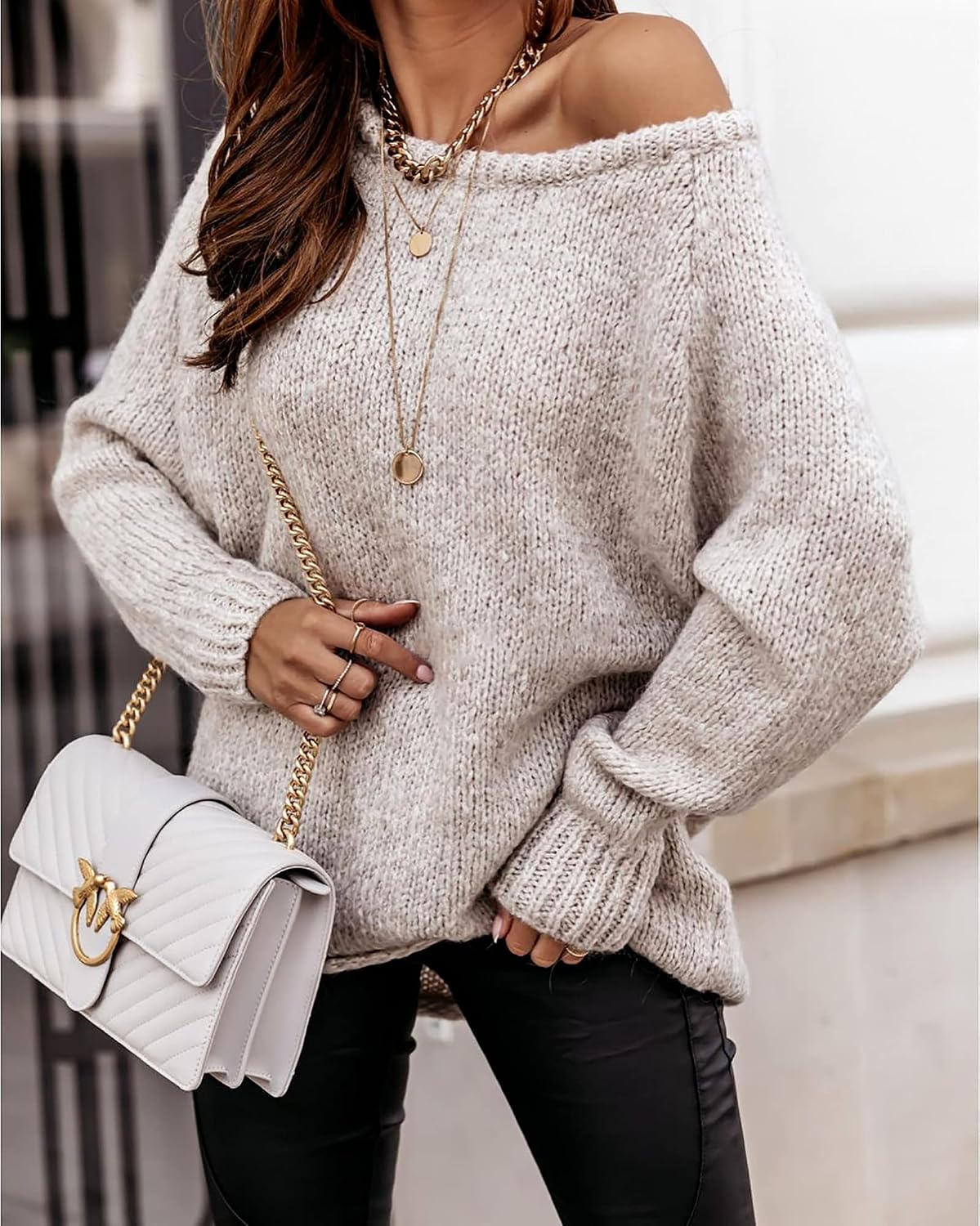 Luvella Women Casual Long Sleeve Fall Sweaters Off The Shoulder Sweater