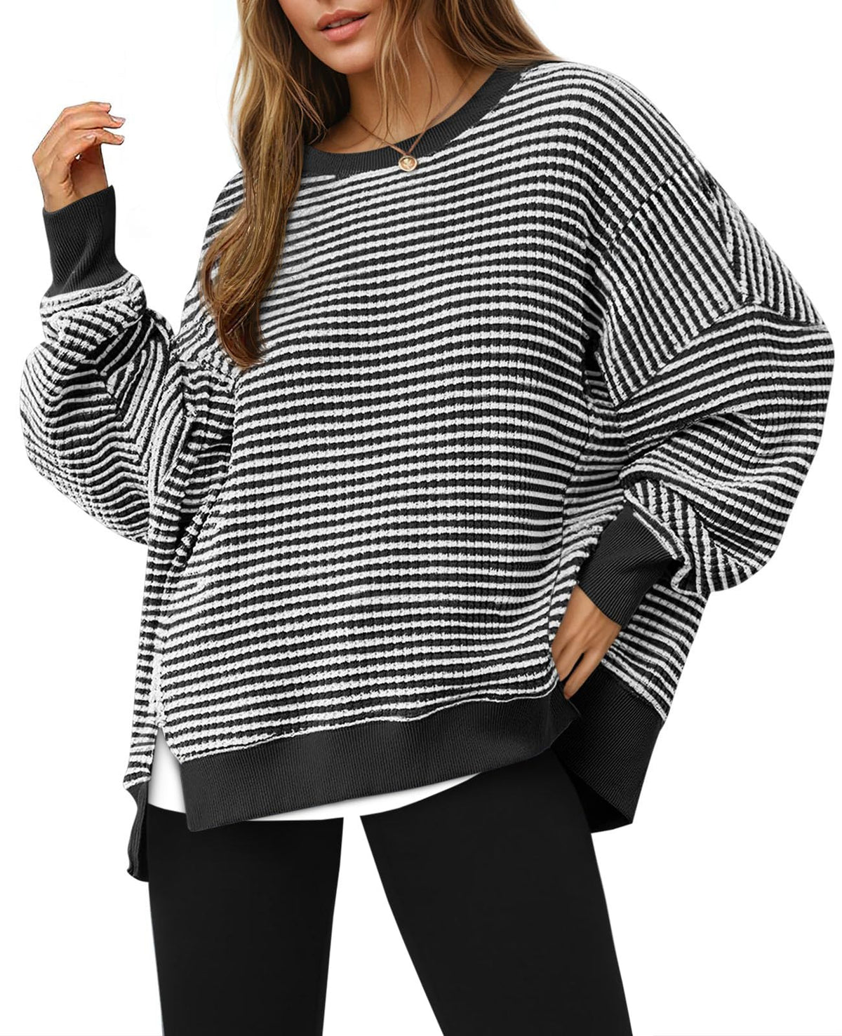 Luvella Women's Fall Oversized Sweatshirt Casual Waffle Knit Long Sleeve Crewneck Split Pullover Tunic Tops