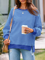 Luvella Women's Fall Oversized Sweatshirt Casual Waffle Knit Long Sleeve Crewneck Split Pullover Tunic Tops