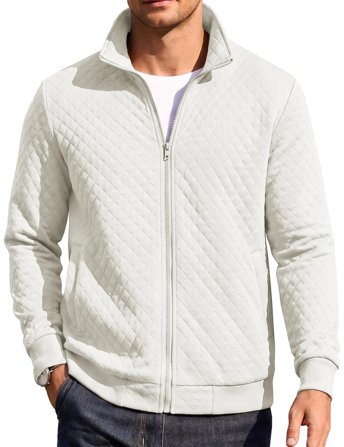Luvella Mens Zip Up Sweatshirt Mock Neck Quilted Jacket Casual Lightweight Sweater Jackets with Pocket
