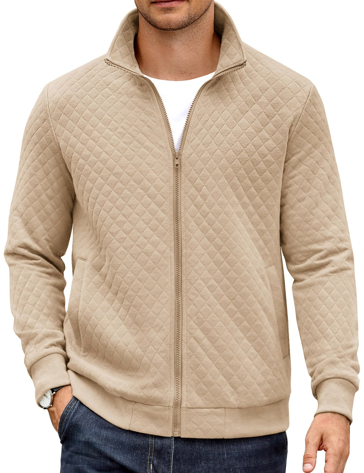 Luvella Mens Zip Up Sweatshirt Mock Neck Quilted Jacket Casual Lightweight Sweater Jackets with Pocket