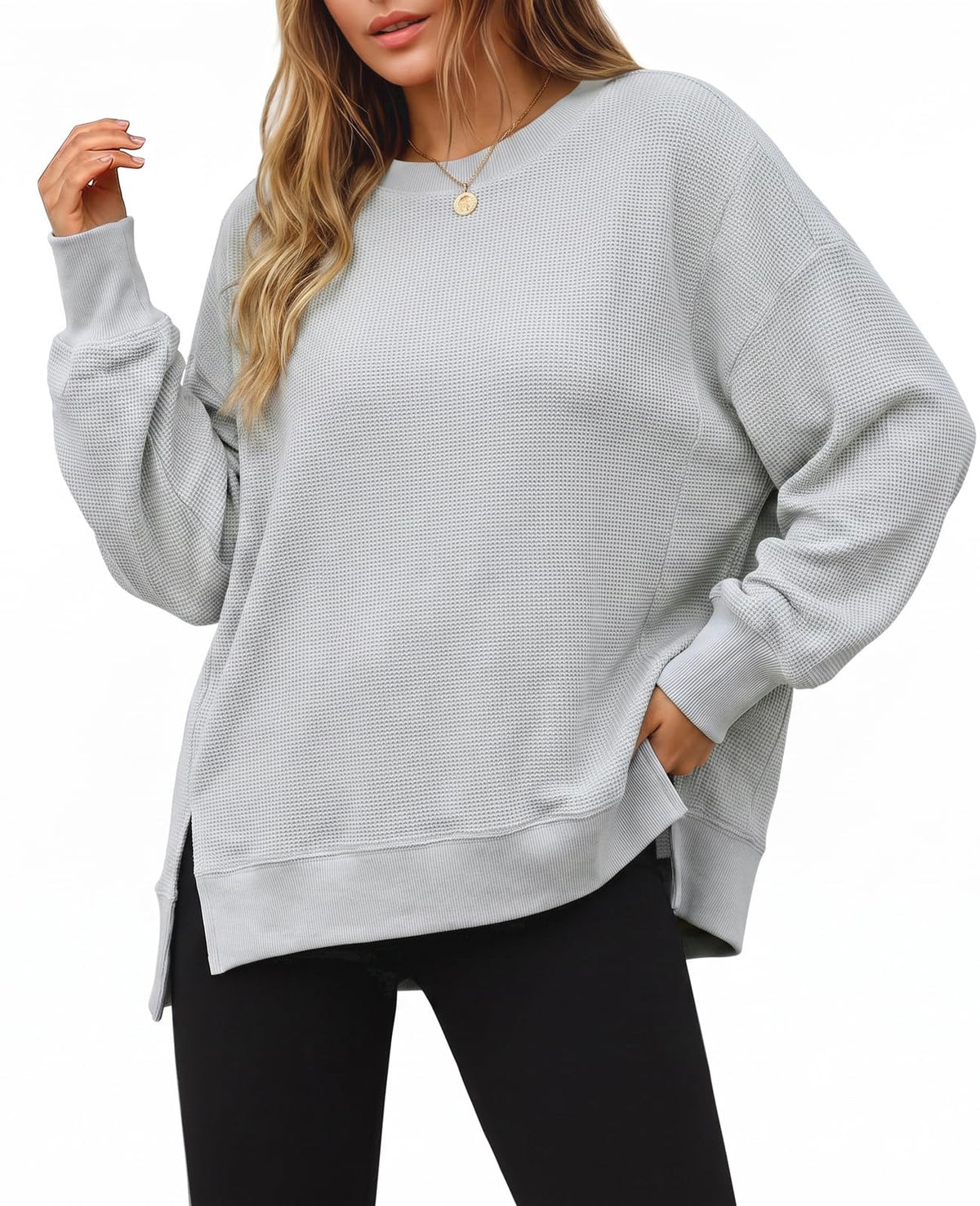 Luvella Women's Fall Oversized Sweatshirt Casual Waffle Knit Long Sleeve Crewneck Split Pullover Tunic Tops