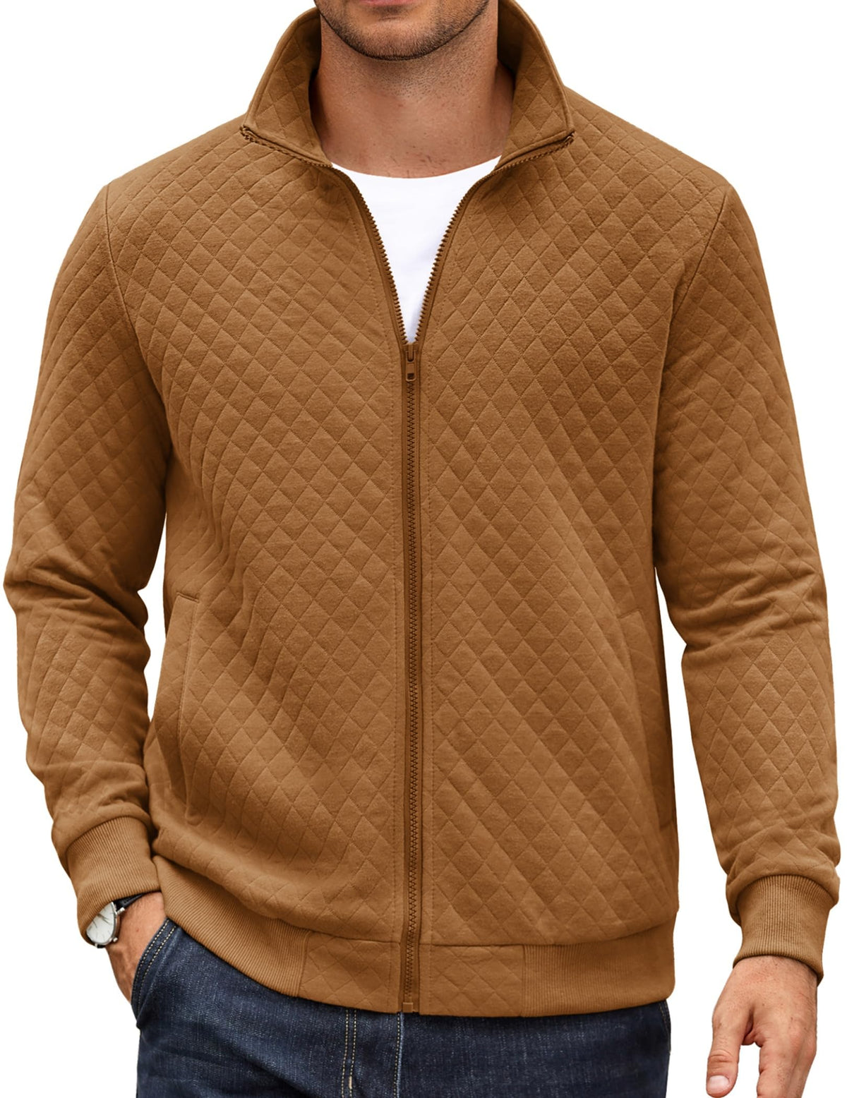 Luvella Mens Zip Up Sweatshirt Mock Neck Quilted Jacket Casual Lightweight Sweater Jackets with Pocket