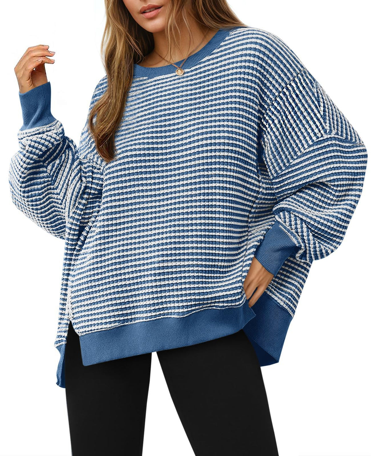 Luvella Women's Fall Oversized Sweatshirt Casual Waffle Knit Long Sleeve Crewneck Split Pullover Tunic Tops
