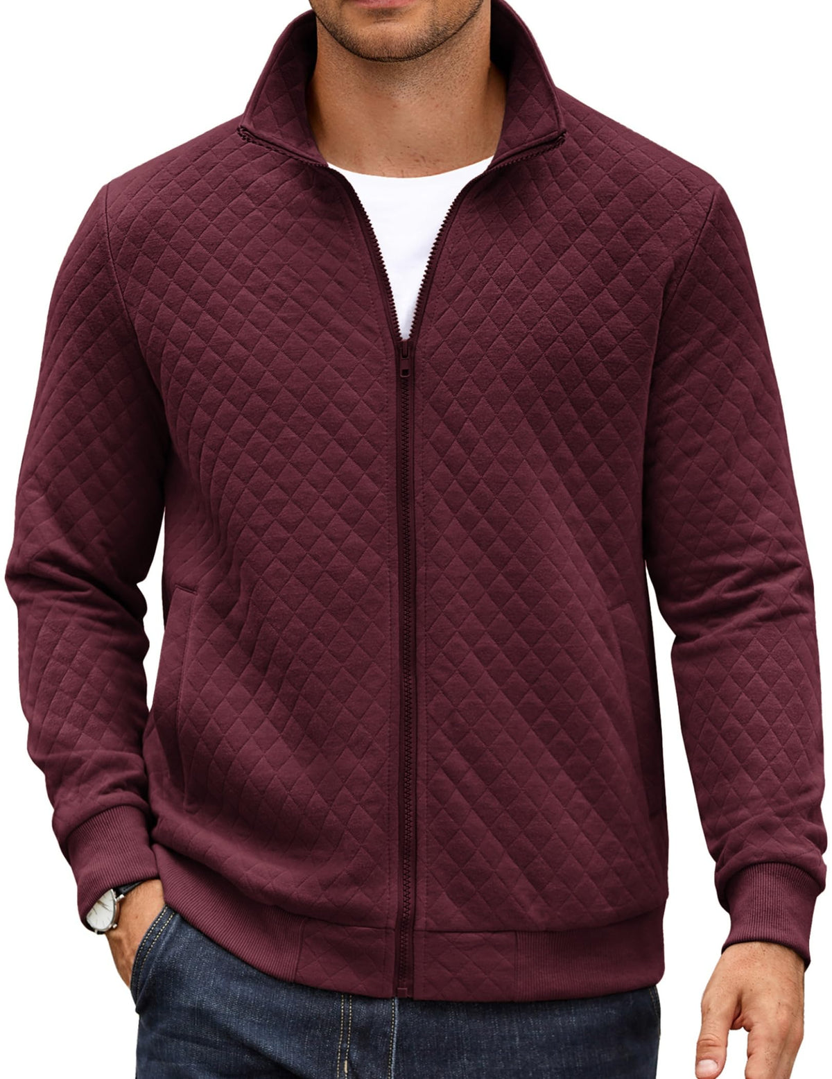 Luvella Mens Zip Up Sweatshirt Mock Neck Quilted Jacket Casual Lightweight Sweater Jackets with Pocket