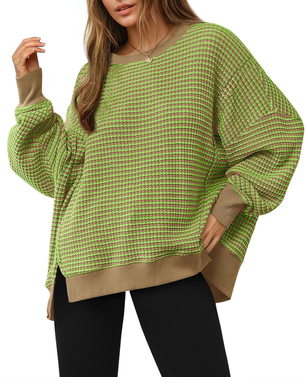 Luvella Women's Fall Oversized Sweatshirt Casual Waffle Knit Long Sleeve Crewneck Split Pullover Tunic Tops