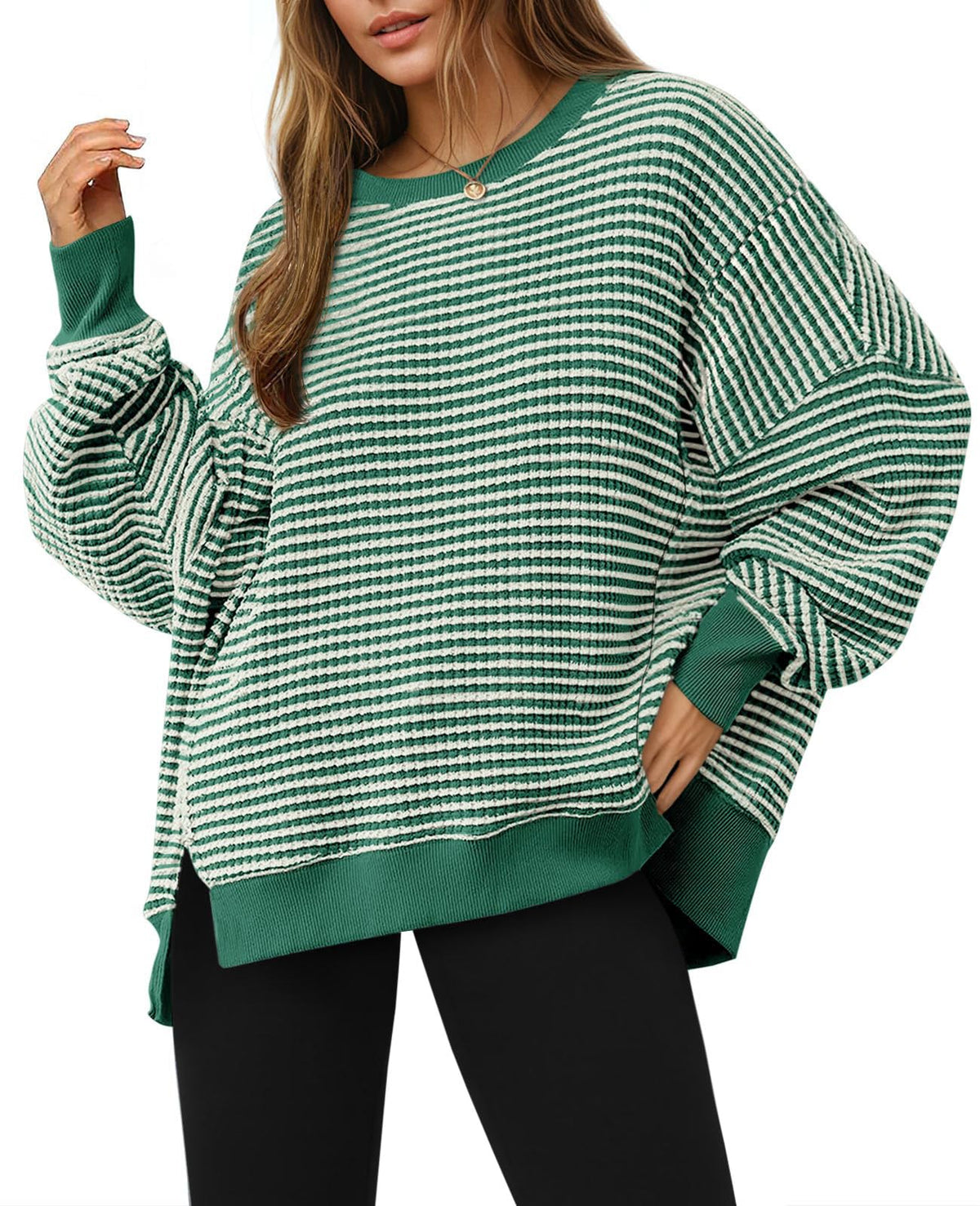 Luvella Women's Fall Oversized Sweatshirt Casual Waffle Knit Long Sleeve Crewneck Split Pullover Tunic Tops