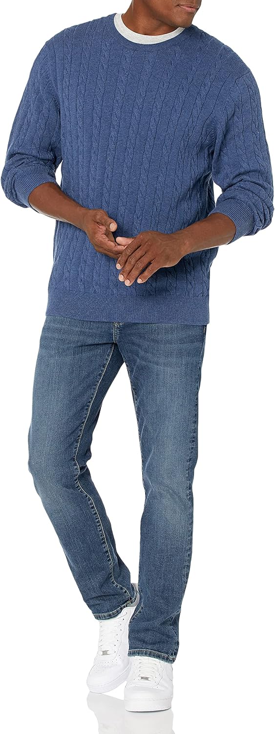 Luvella Men's Cable Knit Cotton Pullover Crewneck Sweater, Ribbed