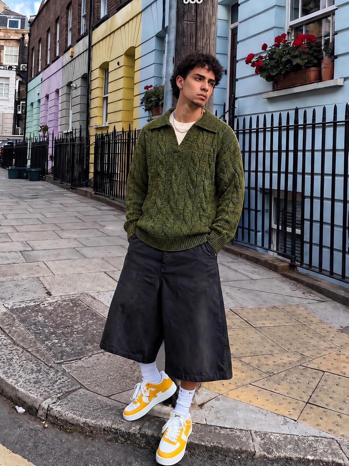 Oversized Sweater Fake Two Polo V Neck Knit Pullover
