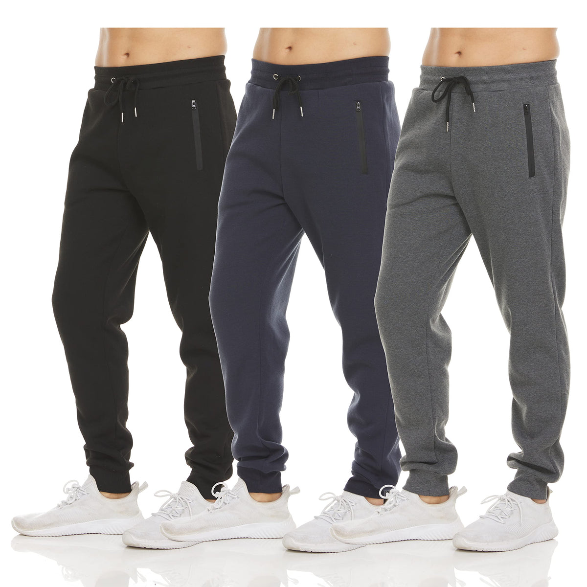 Luvella Sweatpants for Men 3 Pack Fleece Athletic Joggers, Baggy Wide Legs Mens Sweatpants with Zipper Pockets