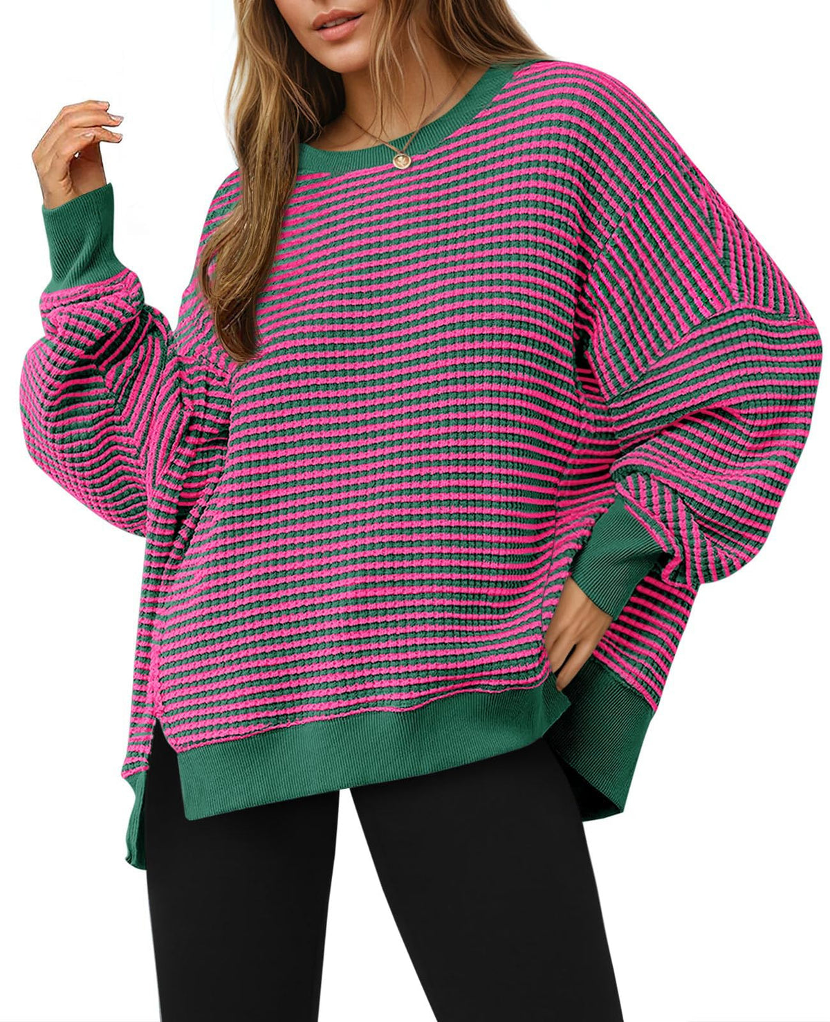 Luvella Women's Fall Oversized Sweatshirt Casual Waffle Knit Long Sleeve Crewneck Split Pullover Tunic Tops