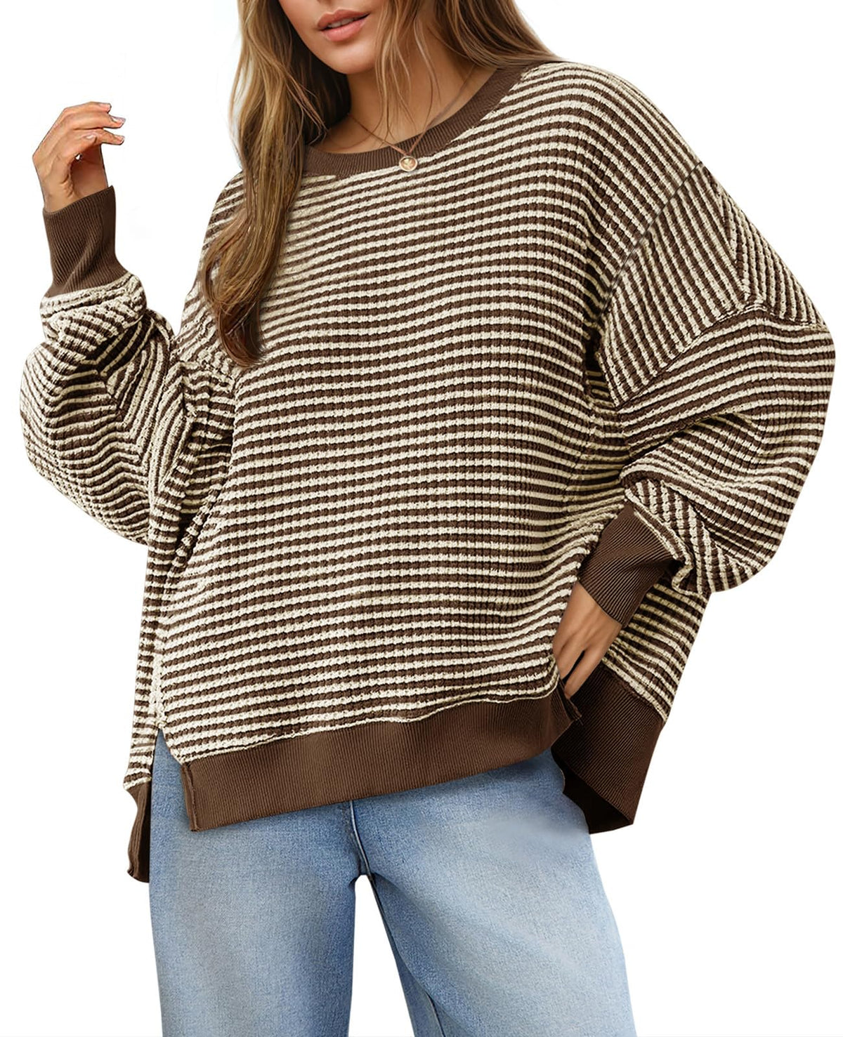 Luvella Women's Fall Oversized Sweatshirt Casual Waffle Knit Long Sleeve Crewneck Split Pullover Tunic Tops