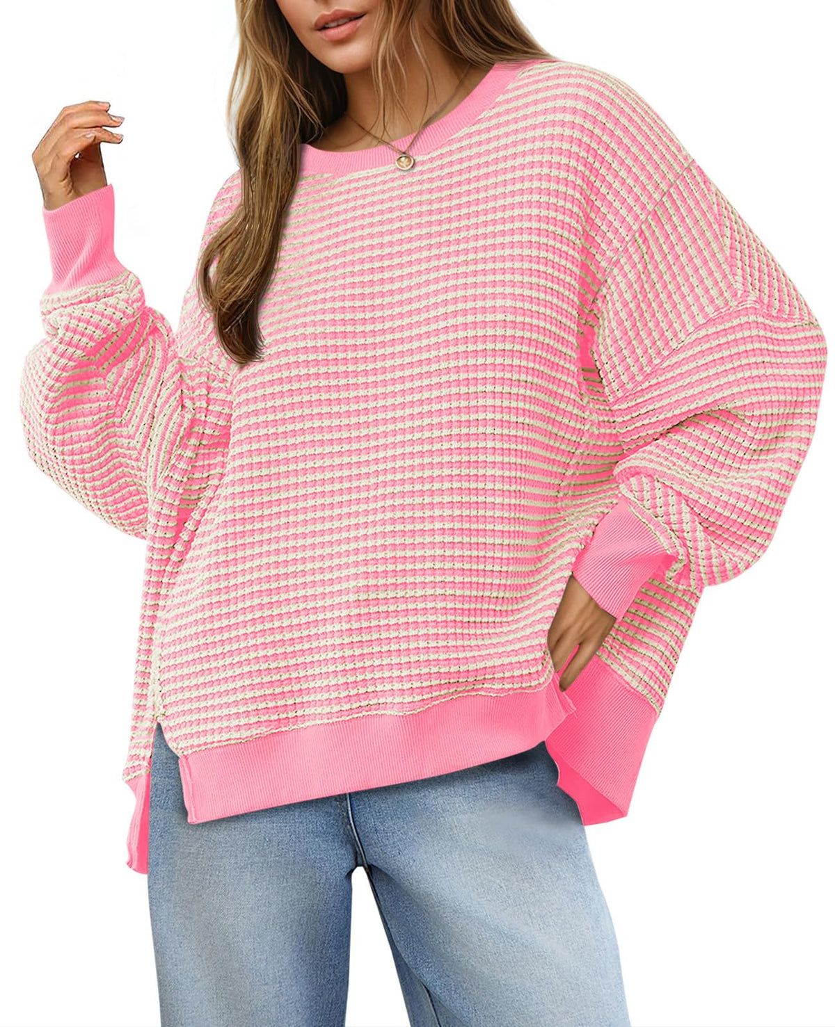 Luvella Women's Fall Oversized Sweatshirt Casual Waffle Knit Long Sleeve Crewneck Split Pullover Tunic Tops