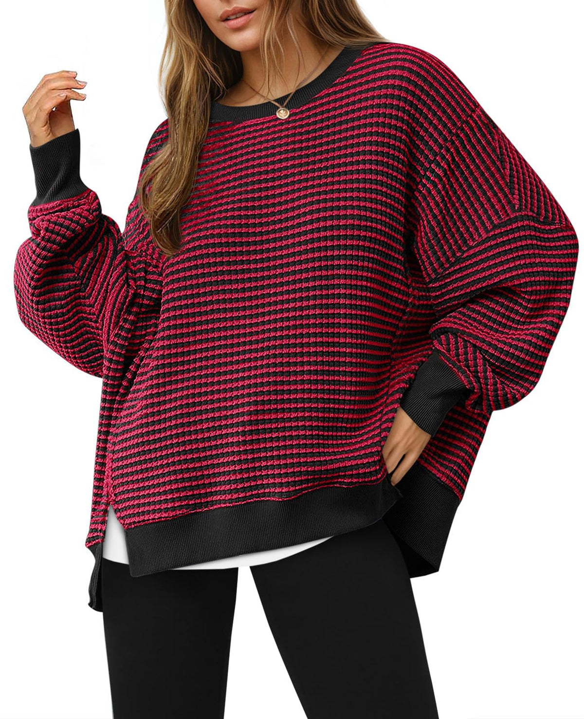 Luvella Women's Fall Oversized Sweatshirt Casual Waffle Knit Long Sleeve Crewneck Split Pullover Tunic Tops