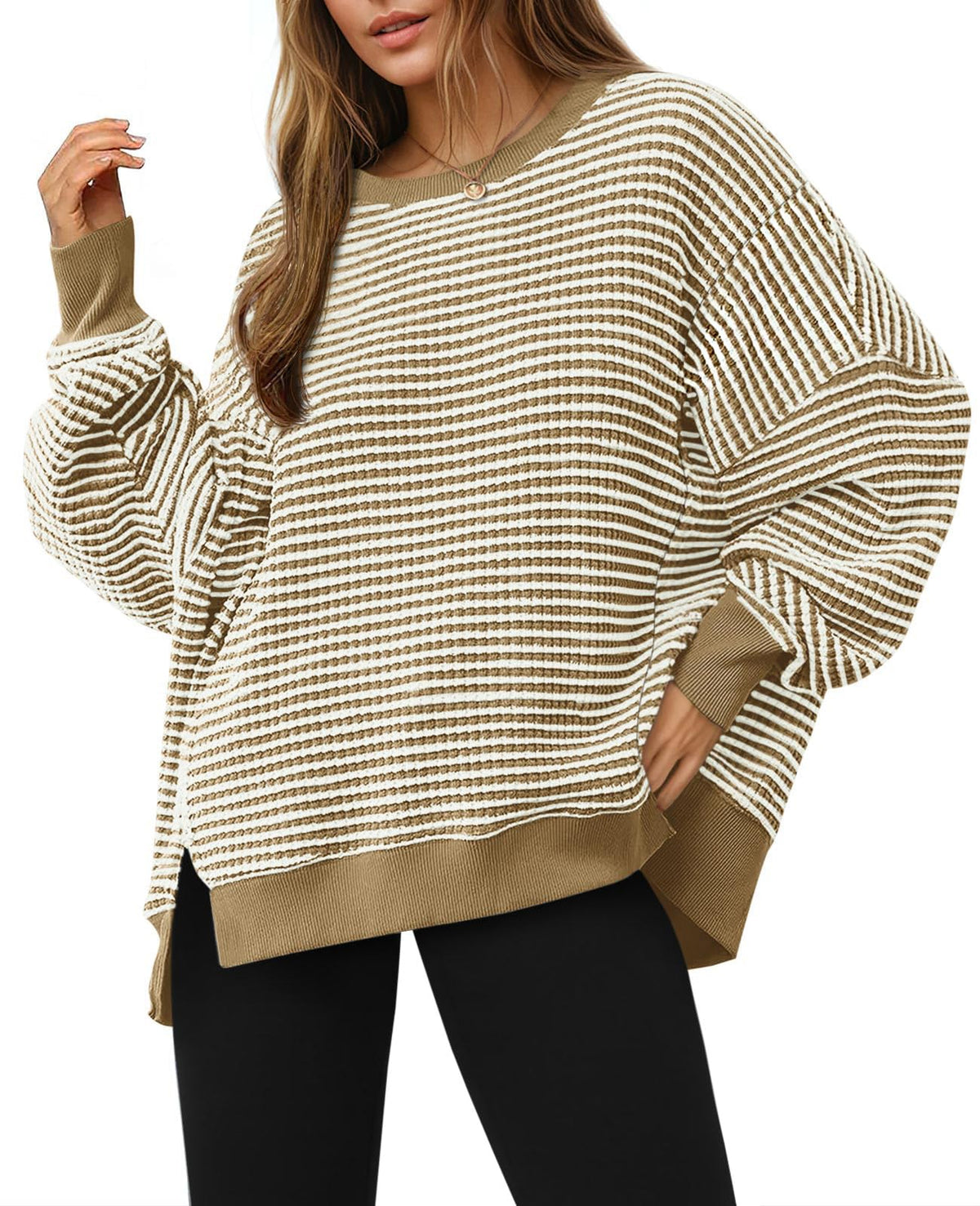 Luvella Women's Fall Oversized Sweatshirt Casual Waffle Knit Long Sleeve Crewneck Split Pullover Tunic Tops