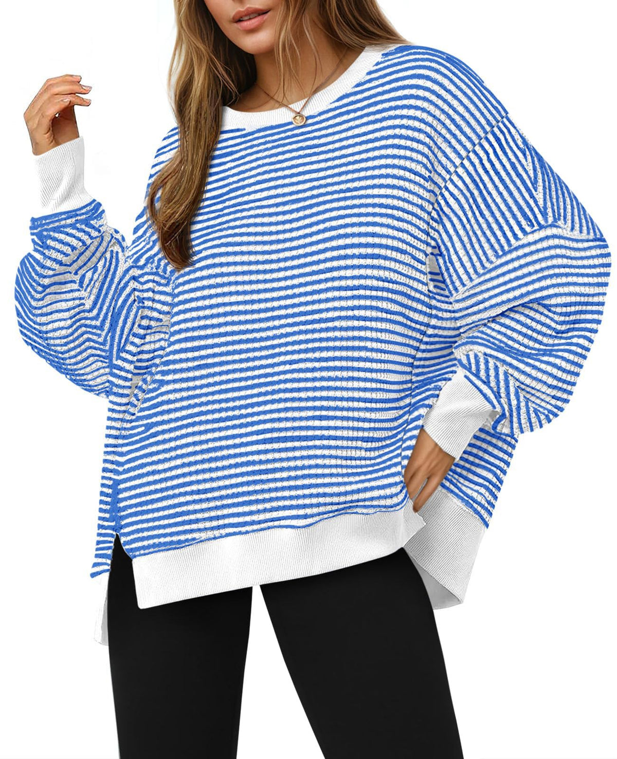 Luvella Women's Fall Oversized Sweatshirt Casual Waffle Knit Long Sleeve Crewneck Split Pullover Tunic Tops