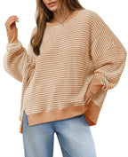 Luvella Women's Fall Oversized Sweatshirt Casual Waffle Knit Long Sleeve Crewneck Split Pullover Tunic Tops