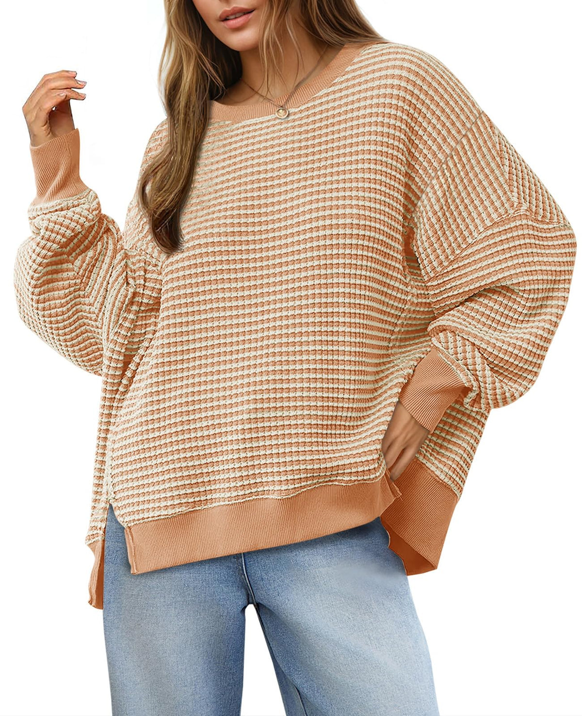 Luvella Women's Fall Oversized Sweatshirt Casual Waffle Knit Long Sleeve Crewneck Split Pullover Tunic Tops